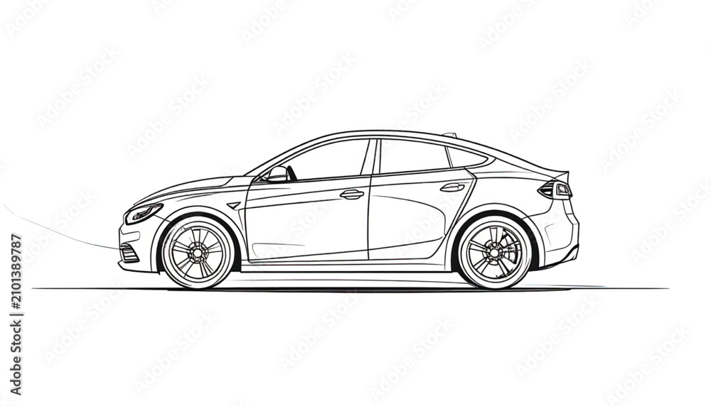 Fototapeta premium Minimalist Line Art of a Modern Car Front - White Vector Illustration