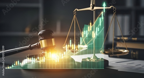 Gavel and scales of justice with a digital financial candlestick chart overlay, representing legal and financial growth, market trends, and justice in business