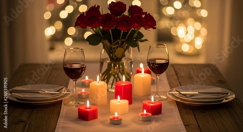 Romantic dinner table setting with red roses, glasses of red wine and burning candles on a wooden table valentines day or anniversary celebration concept