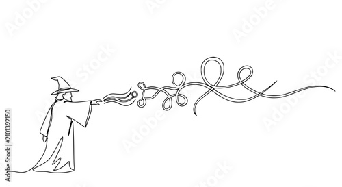 Foto Wizard conjures magical energy with staff, continuous line art