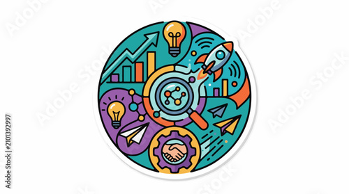 Colorful circular graphic with business startup and innovation icons