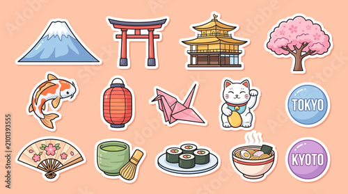 Photography Vibrant vector illustration set featuring iconic japanese cultural symbols inclu