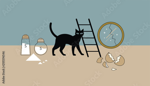 Common superstitions illustrated, including a black cat, a ladder, a broken mirror, and spilled salt on a flat aesthetic background.
