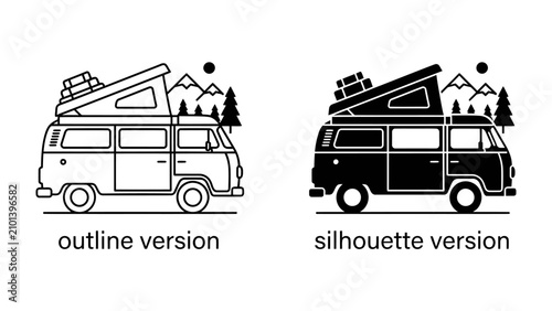 Camper Van Adventure Outline and Silhouette: A versatile outline and silhouette graphic of a camper van, ready for a mountain adventure, complete with pop-up roof and luggage.