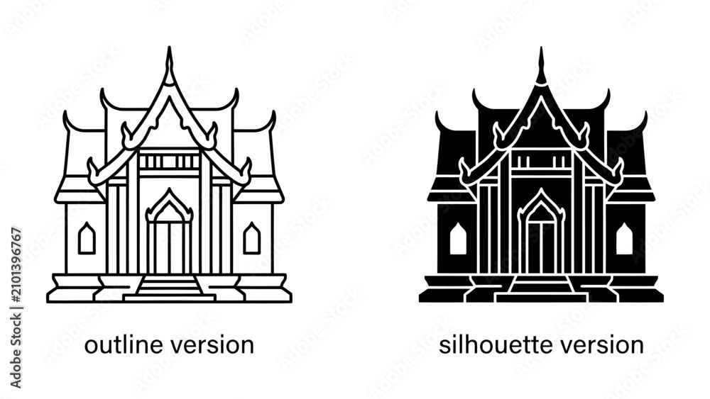 Obraz premium Thai Temple Architecture: A traditional Thai temple facade presented in both outline and silhouette versions, showcasing intricate architectural details and cultural significance.