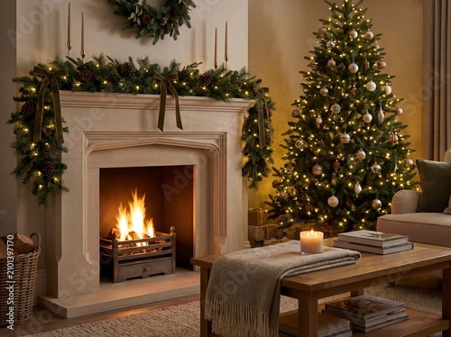Christmas living room interior with cozy fireplace and illuminated tree