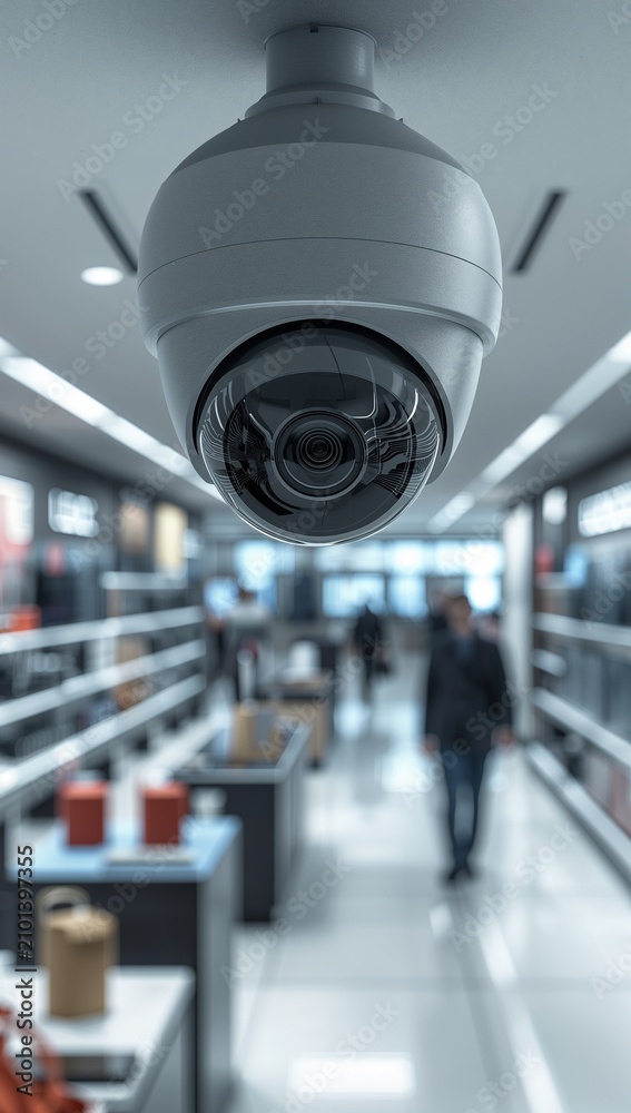Naklejka premium Modern white dome security camera mounted on the ceiling monitoring a contemporary corporate office space.