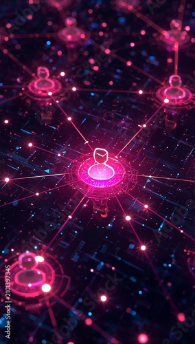 Glowing pink neon digital user icons connected by lines forming a complex social network pattern over a dark futuristic background.