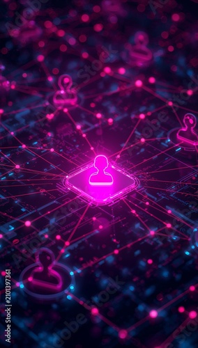 Glowing pink neon digital user icons connected by lines forming a complex social network pattern over a dark futuristic background.