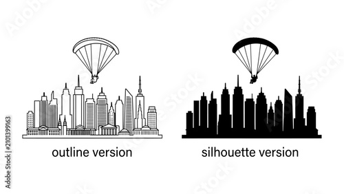 Foto Cityscape Adventure: A paraglider soars above a modern cityscape, depicted in both an outline and a silhouette version, representing urban exploration and extreme sports