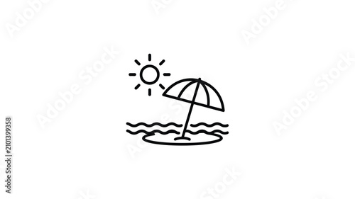 Minimalist black outline beach icon featuring a sunny day with an open umbrella on the sand near the sea waves.