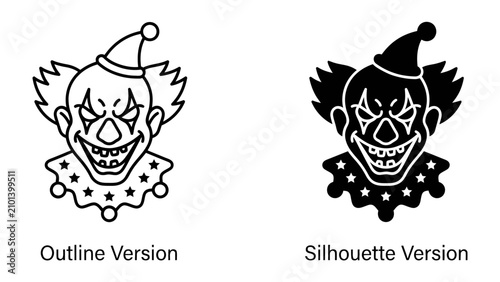 Tableau sur toile Scary Clown Icon: A sinister clown face presented in both outline and silhouette versions, featuring a pointed hat, wild hair, and a menacing grin, evoking a sense of fear and unease
