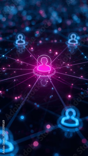 Glowing user profile icon connected through a digital network visualizing online communication, social networking, cybersecurity, and modern technology.