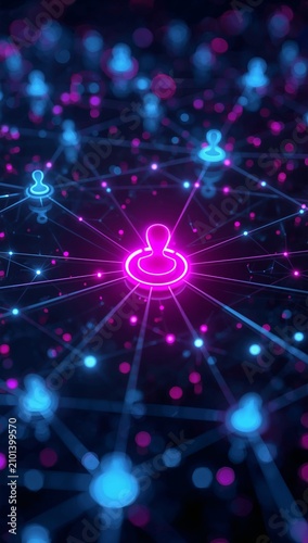 Glowing user profile icon connected through a digital network visualizing online communication, social networking, cybersecurity, and modern technology.