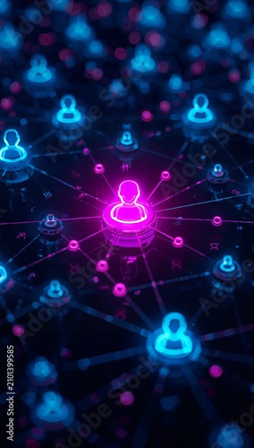 Glowing user profile icon connected through a digital network visualizing online communication, social networking, cybersecurity, and modern technology.