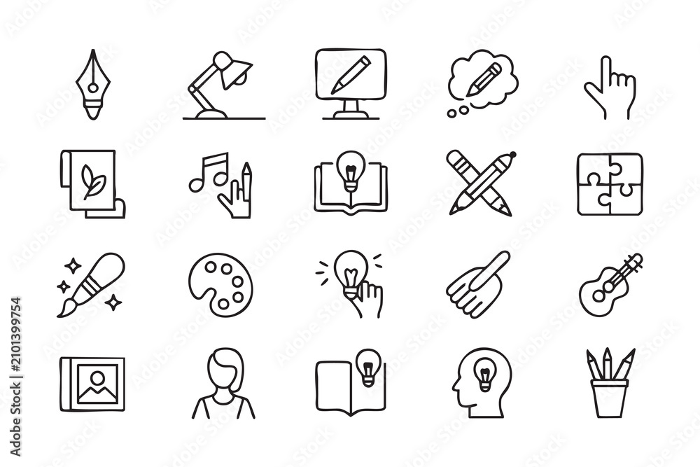Fototapeta premium Artistic Inspiration Line Icons with Drawing, Music, Writing and Idea Symbols