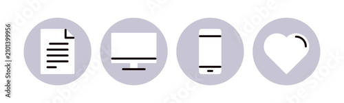 Obraz na płótnie Digital device and technology icon set featuring document file, desktop computer monitor, mobile smartphone and heart favorite symbol, multi platform connectivity flat vector illustration