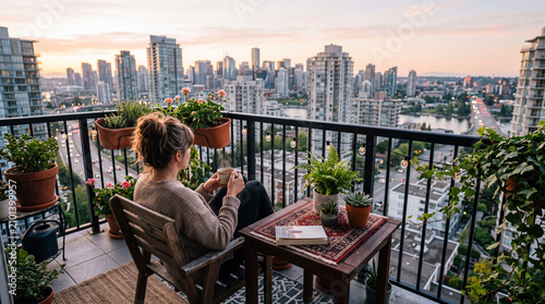 Woman sitting on an apartment balcony, enjoying a warm drink while overlooking a city skyline at sunset