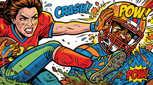 Schilderij op canvas Comic book pop art illustration of a female American football player tackling an opponent in the mud