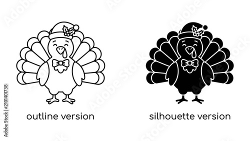 Tableau sur toile Christmas Turkey Icons: Two charming turkey illustrations, one outlined and one silhouetted, both wearing festive Santa hats and bows, ready to adorn holiday designs