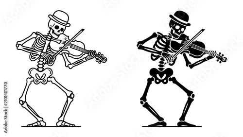 Fotografie Skeleton Violinist: A stylized illustration depicts a skeleton playing a violin, complete with a bowler hat, presenting a gothic yet whimsical aesthetic