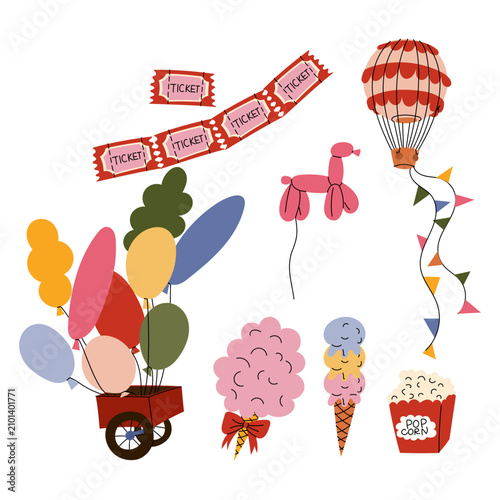 Hand drawn illustration of a classic circus element set with tickets cart with balloons cotton candy ice cream pop corn dog balloon and hot air balloon on white background. Flat contour artwork