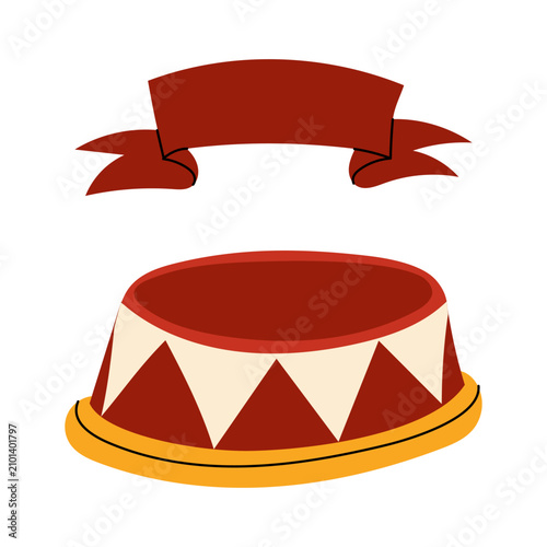 Hand drawn illustration of classic circus podium arena with an empty red ribbon banner isolated on a white background. Flat contour vector artwork, perfect for kids celebration card or festival design