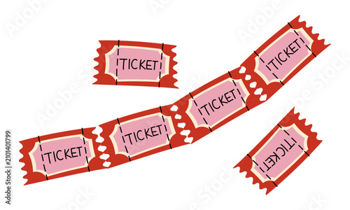 Hand drawn illustration of classic circus admission tickets strip and single stubs isolated on a white background. Flat contour vector artwork, perfect for kids celebration card or festival design