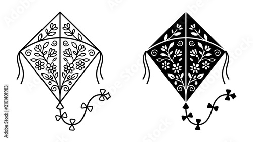Fotografie Ornate Kite Designs: Two stylized kites, one in black and white outline and the other in solid black, showcase intricate floral patterns, evoking a sense of traditional artistry and playful spirit