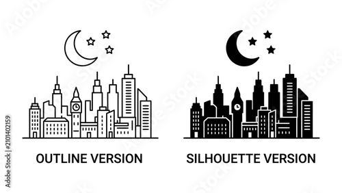 Foto Cityscape at Night: Two contrasting depictions of a bustling city skyline under a crescent moon and stars, one as an outline and the other as a silhouette