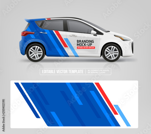 Side view hatchback Car with branding wrap design of Abstract blue graphics for corporate identity. Corporate Car mockup. Branding vehicle mockup. Sport car wrap design. Editable vector template