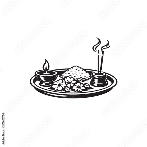 Traditional Puja Thali Line Art Religious Worship Vector Illustration Design