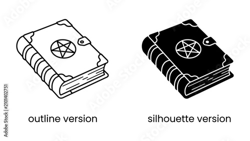 фотографія Occult Grimoire Icon: A stylized illustration of a magical book, a grimoire, presented in both outline and silhouette versions, featuring a pentagram on its cover