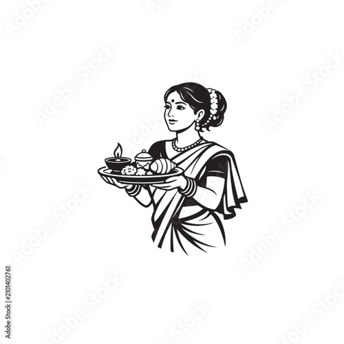 Traditional Bengali Woman Holding Puja Thali Line Art Vector Illustration