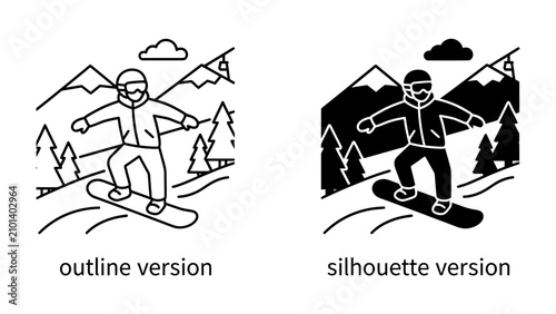 Photography Snowboarding Adventure: An energetic snowboarder carves down a snowy mountain slope, captured in both outline and silhouette versions, highlighting the thrill of winter sports and adventure
