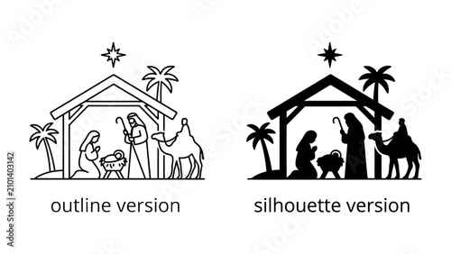 Foto Nativity Scene Illustration: A traditional depiction of the Nativity scene, showing the holy family and the wise men in a stable under a star, presented in both outline and silhouette styles
