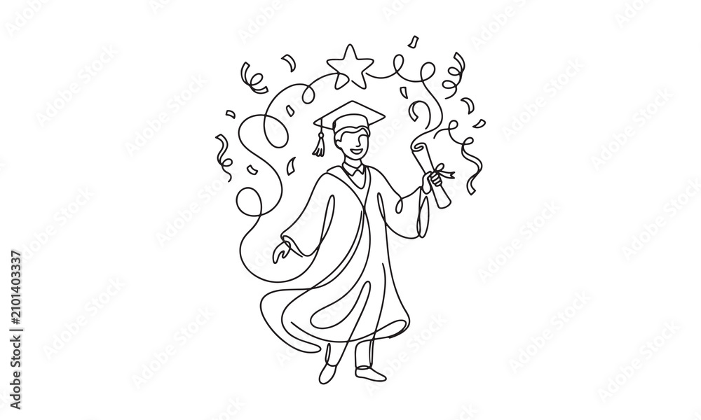 Fototapeta premium Single continuous line of a happy male graduate in a cap and gown holding a diploma scroll with confetti falling around him and a star above on a white background