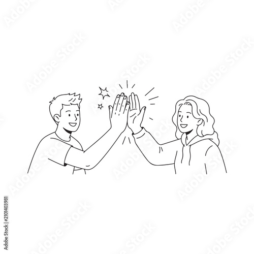 High Five Teamwork Success Line Art People Vector Illustration Design