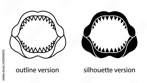 Cuadro en lienzo Shark Jaw Set: A collection of illustrated shark jaws, presented in both an outline and silhouette version, showcasing sharp teeth and menacing mouths