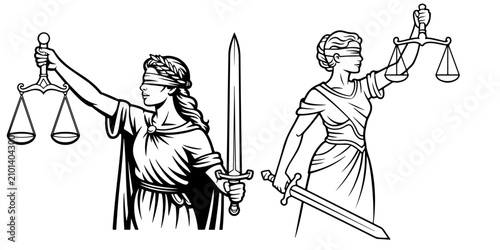 Tableau sur toile Lady Justice holding scales and sword with blindfold in elegant black line art r