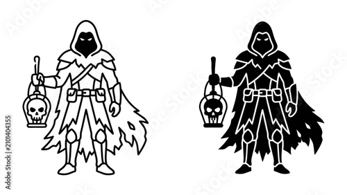 Obraz na płótnie Mysterious Figure with Lantern: An ominous hooded figure holding a skull lantern stands in silhouette, exuding an aura of mystery and danger