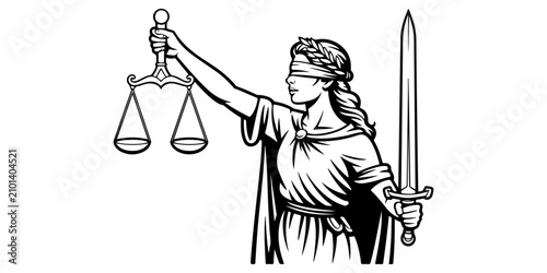 Photos Lady Justice holding scales and sword with blindfold in elegant black line art r