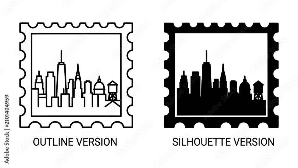 Obraz premium Cityscape Stamp Designs: Two contrasting stamp designs featuring a cityscape; one in an outline style, and the other as a solid silhouette.