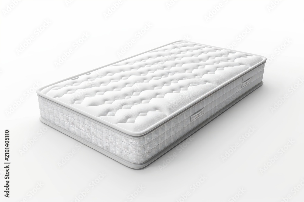 Obraz premium Comfortable high quality orthopedic mattress with quilted fabric surface and reinforced side edges for better support and restful sleep isolated in studio lighting on white background