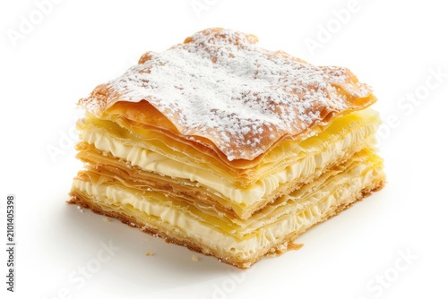 Delicious square piece of traditional french millefeuille pastry layered with smooth custard cream and topped with fine white powdered sugar dusting served on white background