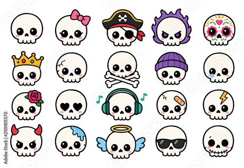 Colorful cartoon skulls with accessories for festive designs. Trendy vector illustrations of decorated day of the dead characters for print and dig...