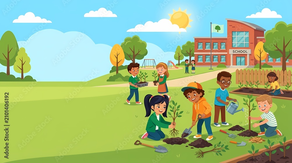 Naklejka premium Diverse Group of Students Planting Trees at School Garden.