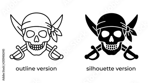 Quadro su tela Pirate Skull and Crossbones: A classic pirate symbol featuring a skull with a bandana and two crossed swords, presented in both outline and silhouette versions, evoking adventure and danger