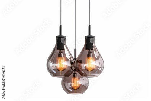 Three modern pendant lights featuring translucent amber glass shades and glowing vintage filament bulbs suspended from black metal fixtures in a vertical arrangement on white background