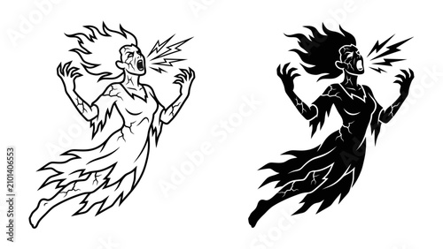 Fotografie Frightful Phantom Scream: Two stylized depictions of a screaming phantom, one in outline and the other in solid silhouette, convey a powerful sense of terror and distress, suitable for spooky themes